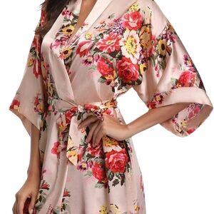 Floral Satin Robe Bride Bridesmaid Getting Ready Robe Short Silky Pink L/XL